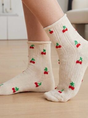 Cream Cherry-Print Crew Socks - Unbranded